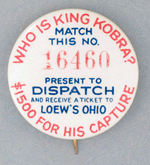 "WHO IS KING KOBRA?" NEWSPAPER CONTEST BUTTON.