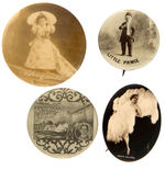 TWO MIDGETS, DIVING BICYCLIST, AND FAN DANCER EARLY BUTTONS.