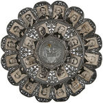 ORNATE WHITE METAL TRIVET WITH PAPER PHOTOS OF WASHINGTON THROUGH McKINLEY.