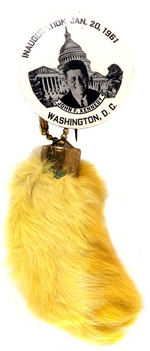 JFK 1961 INAUGURAL BUTTON W/SADLY IRONIC LUCKY RABBIT'S FOOT IN YELLOW.