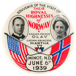 NORWEGIAN ROYALS VISIT MINOT, N.D. 1939 BUTTON.