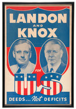 "LANDON AND KNOX FOR US/DEEDS NOT DEFICITS" JUGATE POSTER FRAMED.