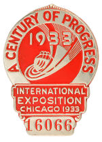 RED PAINT VARIETY 1933 EXPO EMPLOYEES SERIALLY NUMBERED BADGE.