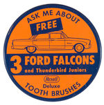 "REXALL DELUXE TOOTH BRUSHES" 4" BUTTON PROMOTING FORD FALCON GIVEAWAY.