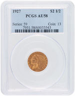 QUARTER EAGLE INDIAN HEAD 1927 $2-1/2 GOLD COIN PCGS AU58.