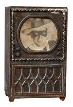 LONE RANGER PROMOTIONAL METAL TV BANK WITH AD.