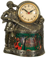 “DAVY CROCKETT’ FIGURAL METAL CLOCK WITH LIGHTED DIORAMA.