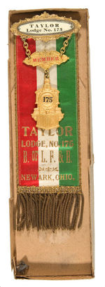 "TAYLOR LODGE/B. OF L.F.&E." RIBBON BADGE WITH RARE ORIGINAL BOX.