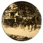HORSE DRAWN FIRE WAGON REAL PHOTO LARGE BUTTON.