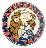 RARE AUSTRALIAN CARTOON BUTTON WITH SOLDIER PUNCHING KAISER IN THE FACE.