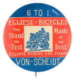 "ECLIPSE BICYCLES" RARE BUTTON SHOWING SIX RIDERS ON ONE BICYCLE CIRCA 1898.