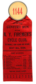 N.Y. FIREMEN'S 100 MILE "CENTURY" CYCLE RIDE PARTICIPANT BADGE WITH COUPON FOR MEDAL.