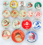 GROUP OF 16 SANTA BUTTONS PLUS ONE CARDBOARD MILK BOTTLE CAP.