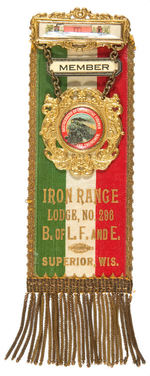 OUTSTANDING RIBBON BADGE FOR "IRON RANGE LODGE/B. OF L.F. AND E."