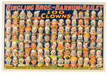 "RINGLING BROS. AND BARNUM & BAILEY 100 CLOWNS" LINEN-MOUNTED HIGHLY GRAPHIC POSTER.