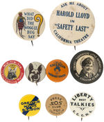 WIZARD OF OZ AND EIGHT EARLY MOVIE RELATED BUTTONS INCLUDING LLOYD, CHAPLIN, RIN-TIN-TIN.