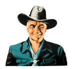 HOPALONG CASSIDY LARGE EMBOSSED TIN DIE-CUT IMAGE FROM MILK TRUCK.