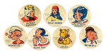 KING FEATURES SYNDICATE 1930s BUTTON SET WITH FLASH GORDON AND POPEYE CHARACTERS PLUS ANNIE ROONEY.