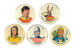 FIVE BUTTONS FROM THE 1946 CAPTAIN MARVEL AND RELATED CHARACTERS SET.