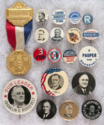 GROUP OF 18 FRANKLIN D. ROOSEVELT BUTTONS AND DELEGATE BADGE.