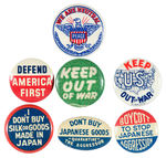 PRE-WWII SEVEN NEUTRALITY AND ANTI-JAPAN BUTTONS.