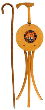 "1939 NEW YORK WORLD FAIR" CANE SEAT AND WALKING CANE PAIR.