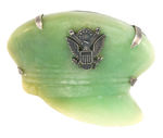 MacARTHUR STYLE HAT PIN OF JADEITE AND STERLING.