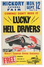 "COMING! DON'T MISS IT LUCKY HELL DRIVERS" 1960 DAREDEVIL POSTER.
