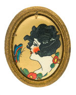 STYLIZED WOMAN AND BUTTERFLY CHOICE COLOR 1920s CELLULOID PIN.