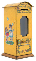 "SWEET THRIFT BANK" TIN LITHO VENDING BANK.