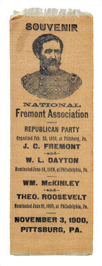 "FREMONT ASSOCIATION" RIBBON COMMEMORATES 1856 EVENTS & McKINLEY-TR PITTSBURGH RALLY BEFORE ELECTION