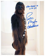 STAR WARS CHEWBACCA & EWOK SIGNED PHOTO PAIR.