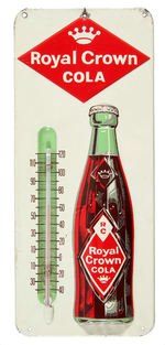 "ROYAL CROWN COLA" EMBOSSED TIN DIE-CUT STORE SIGN WITH THERMOMETER.