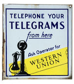 "WESTERN UNION" LARGE 1920s FLANGED PORCELAIN SIGN WITH TWO SIDES.