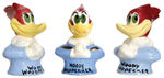 "WOODY WOODPECKER" FIGURAL CERAMIC SALT & PEPPER SHAKER SET/TOOTHBRUSH HOLDER.