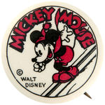 RARE CELLULOID VERSION OF THE MICKEY MOUSE ON SKIS ADVERTISING BUTTON.