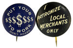 PAIR OF 1930s ANTI-ECONOMIC DEPRESSION BUTTONS FROM HAKE COLLECTION AND CPB.