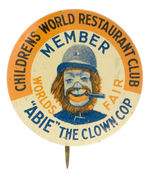 SCARCE BUTTON FROM NYWF CHILDRENS WORLD EXHIBIT PICTURING “CLOWN COP.”