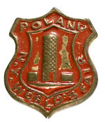 “POLAND/N.Y. WORLD’S FAIR” SMALL SHIELD-SHAPED BRASS PIN.