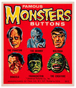 "FAMOUS MONSTERS BUTTONS" SET W/VENDING MACHINE DISPLAY CARD.