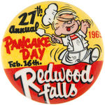 DENNIS THE MENACE RARE BUTTON PROMOTING 1965 LOCAL PANCAKE DAY.