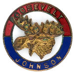 “ROOSEVELT/JOHNSON” ENAMEL ON BRASS LAPEL STUD FEATURING BULL MOOSE.