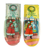 "MERRY CHRISTMAS" COLORFUL PAIR OF LITHO TIN CLICKERS FEATURING SANTA CLAUS.