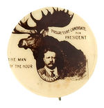 ROOSEVELT WITH BULL MOOSE SMALL REAL PHOTO BUTTON FROM 1912.