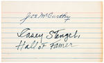 NEW YORK YANKEES MANAGERS & BASEBALL HALL OF FAMERS JOE McCARTHY & CASEY STENGEL DOUBLE-SIGNED CARD.