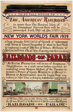 1939 NEW YORK WORLD'S FAIR "RAILROADS ON PARADE" LINEN-MOUNTED POSTER.