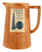 "NEW YORK WORLD'S FAIR 1939" GLAZED CERAMIC PITCHER & TUMBLERS SET.