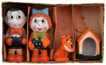 "SCRAPPY" 4-PIECE BOXED BISQUE SET INCLUDING DOGHOUSE.