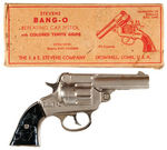 STEVENS "BANG-O" BOXED SILVER/BLACK VARIETY CAP PISTOL.