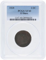 1/2 C "CLASSIC HEAD" 1828 HALF CENT 13 STARS VARIETY PCGS XF40.